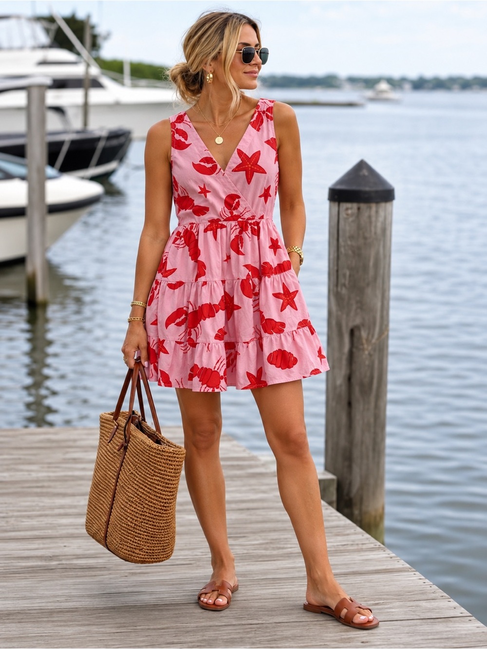 J.Crew Pink Lobster Print Tiered Cotton Dress Coastal Nantucket Size 2